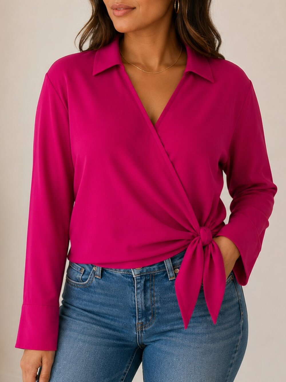 NWT Express Fuchsia Wrap Tie Blouse Long Sleeve Collared Top Large